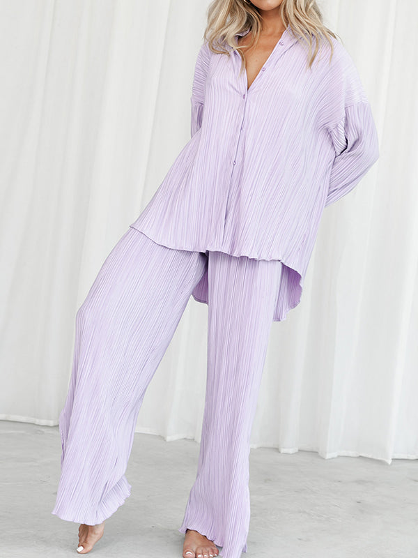 Ensemble pyjama à manches longues, manches évasées, boutonné, cordon de serrage plissé, couleur unie, chemises à revers fendues sur le côté, haut + pantalon, bas