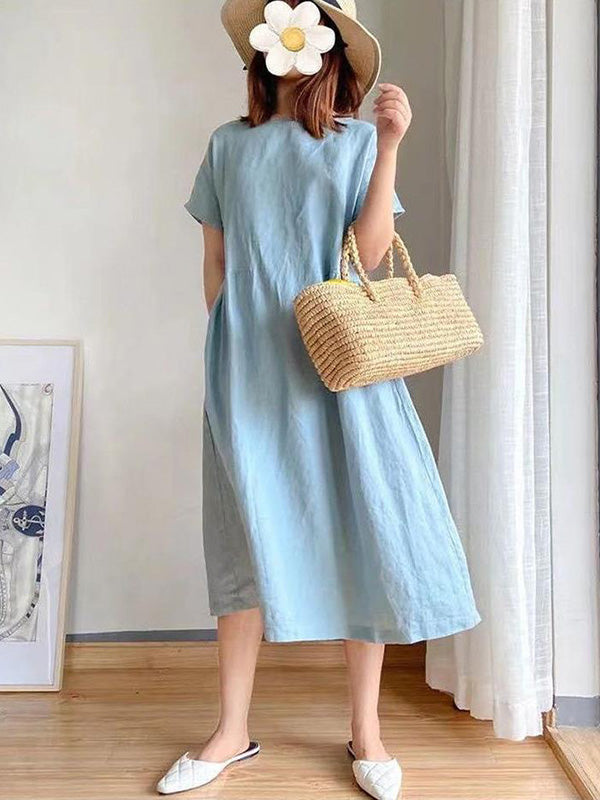 Robe mi-longue décontractée ample à col rond, couleur unie