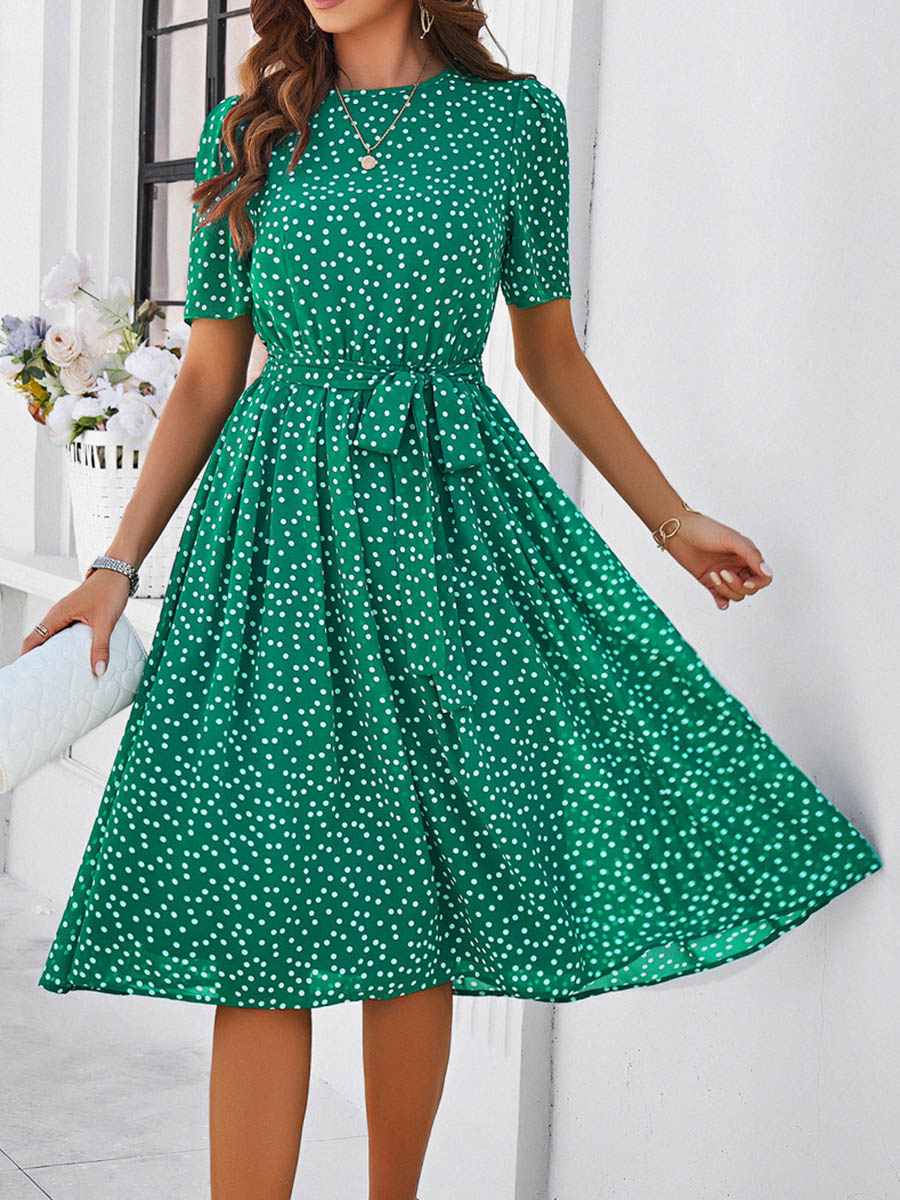 Robe mi-longue coupe trapèze, à taille élastique, à pois, à empiècements, à taille nouée, à col rond, couleur contrastée