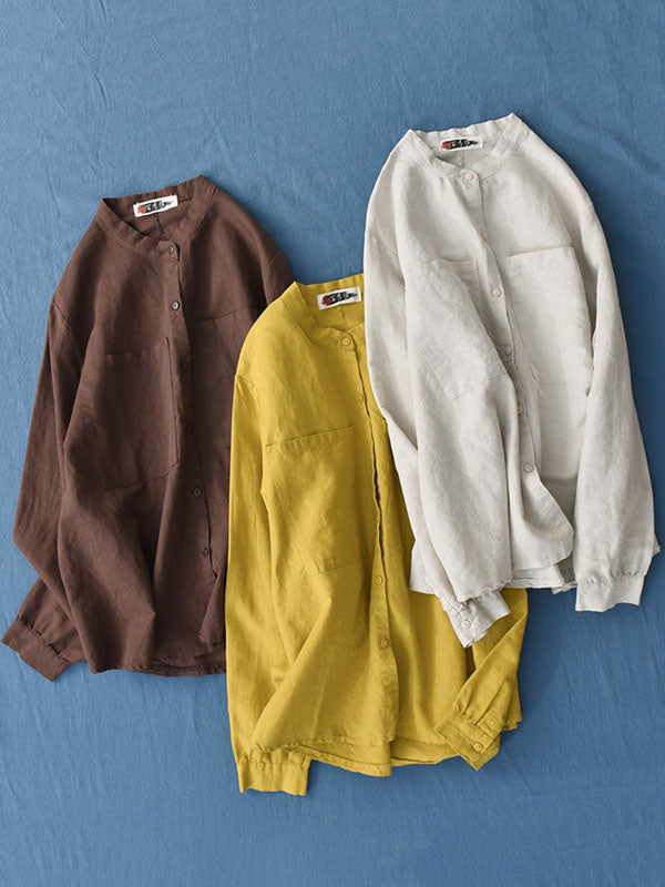 Chemisier vintage, en coton et ramie, à manches longues, couleur unie