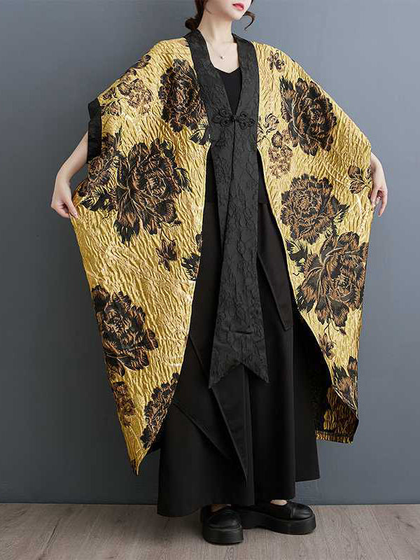 Manches chauve-souris, amples, ornés de fleurs, boutons de grenouille chinoise, plissés, col en V, vêtements d'extérieur