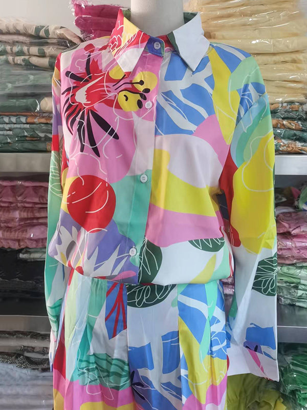 Ensemble deux pièces imprimé boutonné à manches longues, à col revers, taille haute, couleur contrastée – chemisier + pantalon