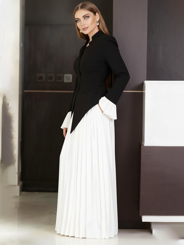 Chemisier asymétrique boutonné à taille élastique, à manches évasées, avec ceinture, à empiècements, à col montant, couleur contrastée