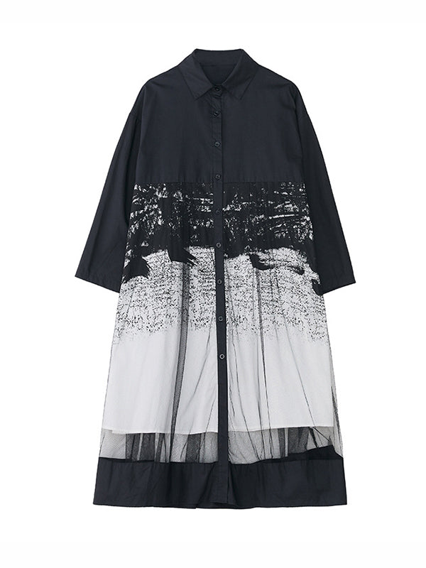 Robe mi-longue boutonnée imprimée coupe trapèze, à manches longues, en gaze, à empiècements, à col revers