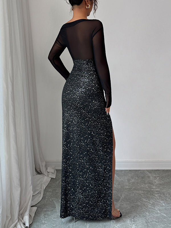 Robe longue moulante brillante fendue sur le côté taille haute, à empiècements, asymétrique à une épaule