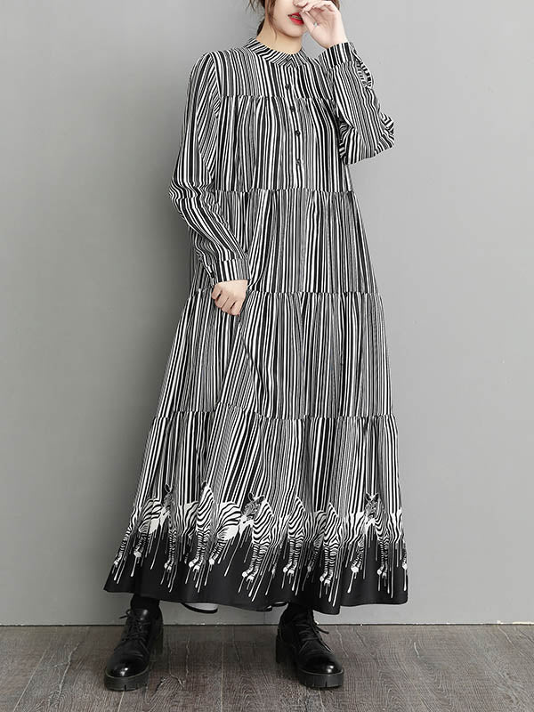 Robe mi-longue ample rayée boutonnée vintage, à col montant, à manches longues