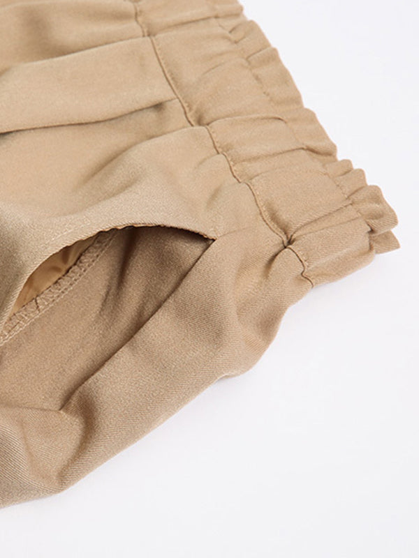 Pantalon taille haute à jambes larges, élastique, couleur unie, à empiècements, large côté