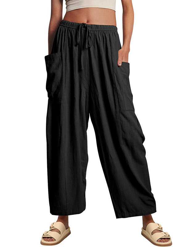 Pantalon ample plissé taille haute, à cordon de serrage, à taille élastique, à poches, couleur unie