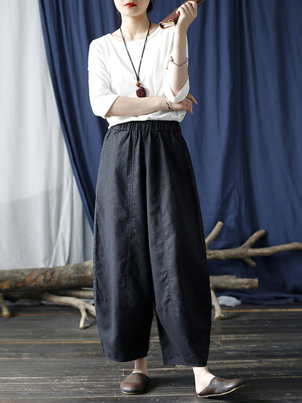 Pantalon large à taille élastique de couleur unie simple