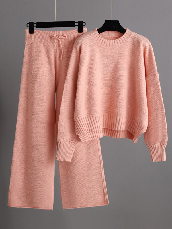 Pantalon urbain ample à manches longues, à col rond, à ourlet plongeant, à jambes larges, couleur unie