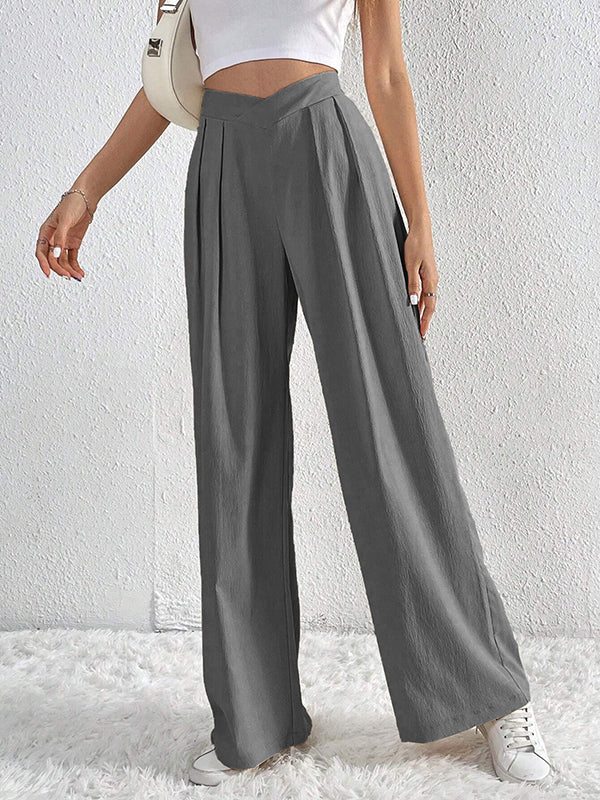 Pantalon ample plissé à jambes larges, couleur unie