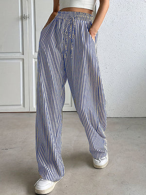 Pantalon ample rayé à cordon de serrage, à taille élastique, à poches, à empiècements