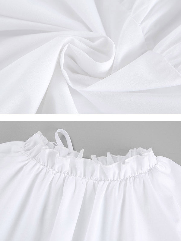 Robe chemise ample plissée volantée coupe trapèze, à empiècements, à col rond, couleur unie