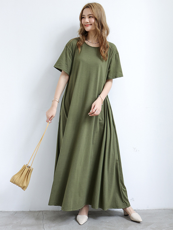 Robe longue simple ample à manches courtes, à col rond, couleur unie