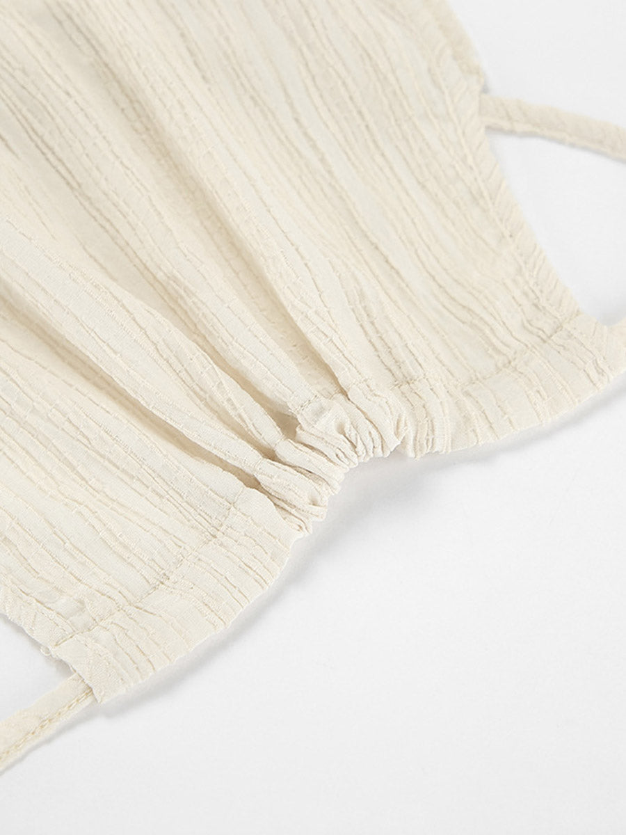 Ensemble deux pièces court plissé à col licou, à empiècements, taille haute, à taille élastique, à taille nouée, couleur unie – débardeur + pantalon