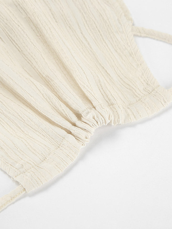 Ensemble deux pièces court plissé à col licou, à empiècements, taille haute, à taille élastique, à taille nouée, couleur unie – débardeur + pantalon