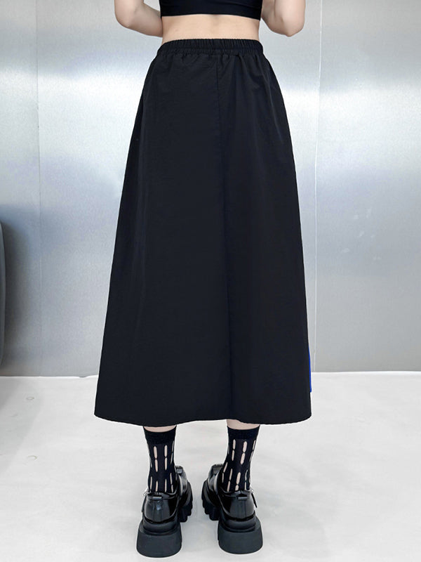 Ensemble deux pièces asymétrique à empiècements, à col revers, coupe trapèze, à taille élastique, à poches, à rubans, couleur contrastée – chemisier + jupe