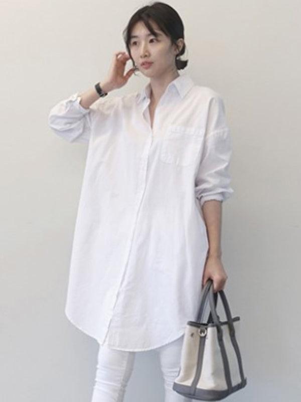 Bureau Manches Longues Couleur Unie Revers Blouses Robe Chemise