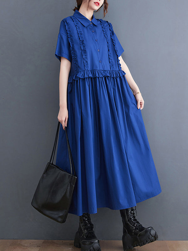 Robe chemise mi-longue de couleur unie, simple, manches courtes, ample, boutonnée, Volants, à empiècements
