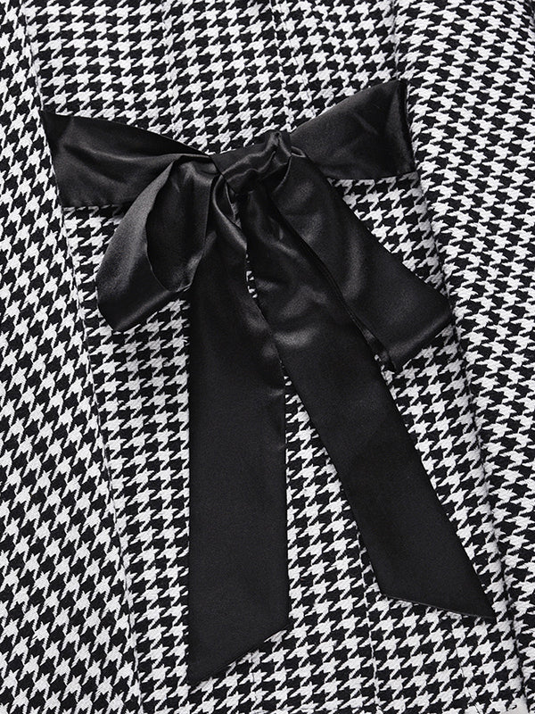 Veste à manches chauve-souris, à manches longues, à motif pied-de-poule, à taille nouée, à col montant, style cape