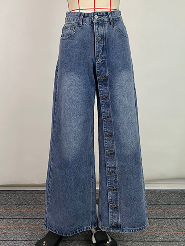 Jean ample boutonné taille haute, à poches