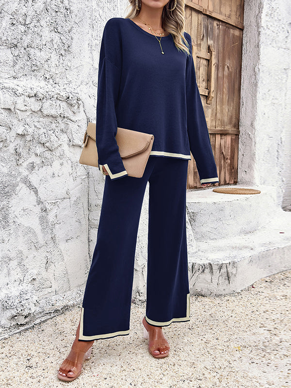 Ensemble deux pièces fendu sur le côté à manches longues, à empiècements, à col rond, à ourlet plongeant, couleur contrastée – pull + pantalon