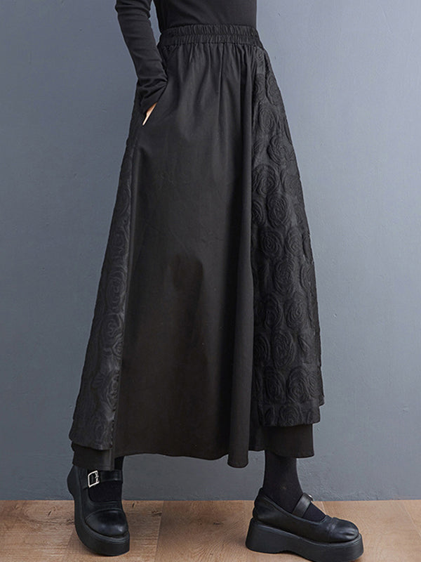Jupe ample asymétrique coupe trapèze, à taille élastique, en jacquard, couleur unie