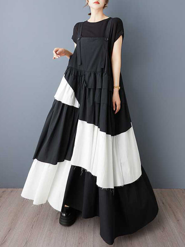Robe trapèze ample asymétrique boutonnée plissée à col Spaghetti, robe longue à bretelles