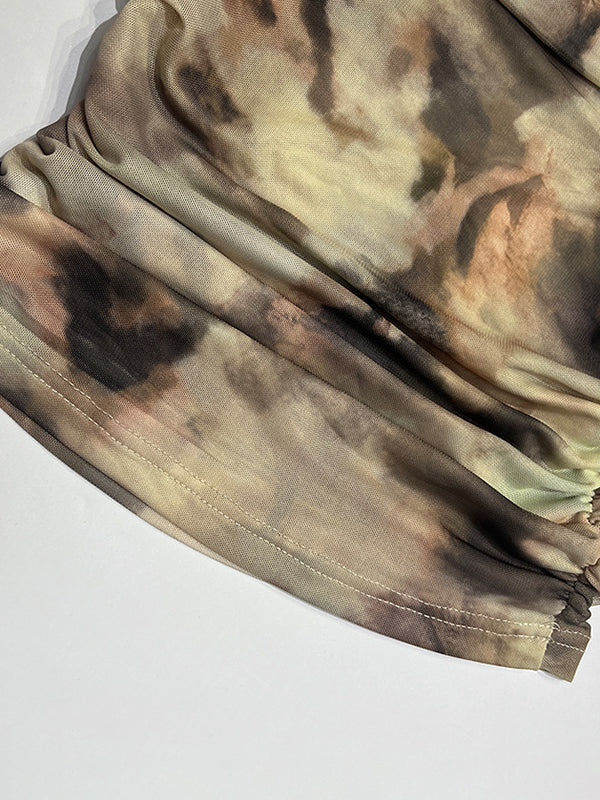 T-shirt plissé à manches longues, coupe près du corps, à empiècements, tie-dye, à épaules dénudées