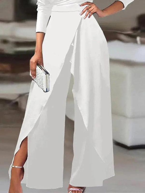 Ensemble deux pièces asymétrique à une épaule, à manches longues, taille haute, à jambes larges, couleur unie – t-shirt + pantalon