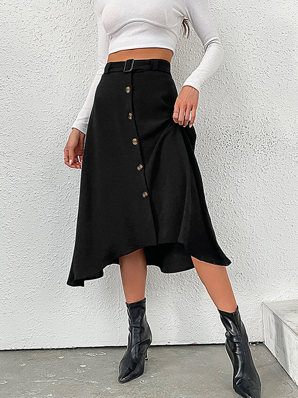 Jupe boutonnée coupe trapèze, taille haute, à boucle, couleur unie