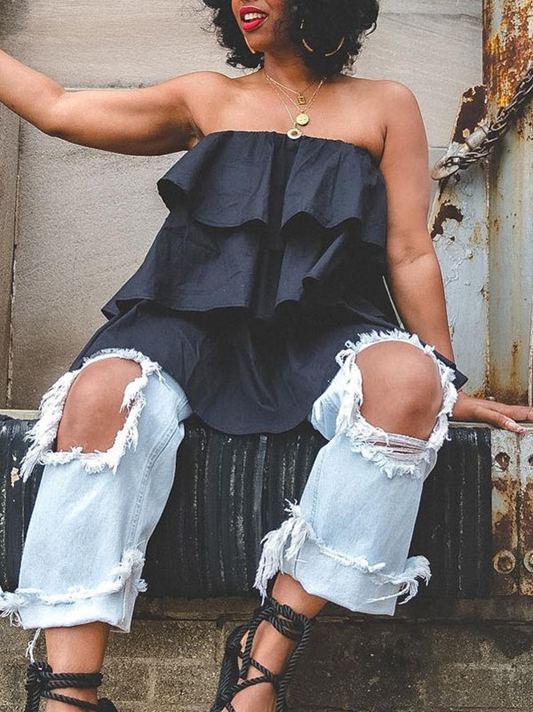 Débardeur ample superposé volanté coupe trapèze, à taille élastique, bustier, couleur unie