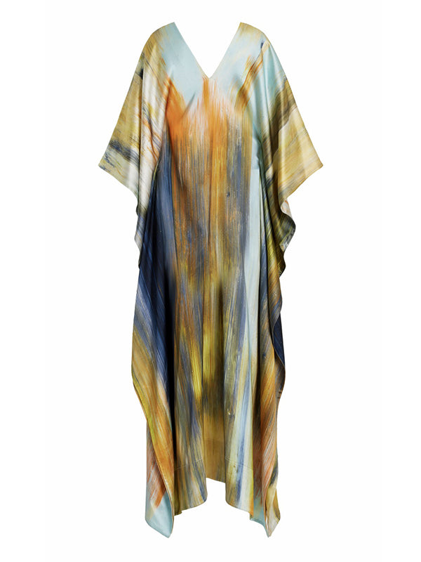 Robe longue ample imprimée à manches chauve-souris, à empiècements, à col en V