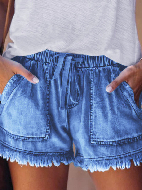 Short décontracté à cordon de serrage, taille haute, en jean, à franges