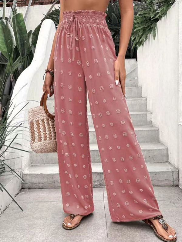 Pantalon ample taille haute, à cordon de serrage, à taille élastique, en jacquard, couleur unie