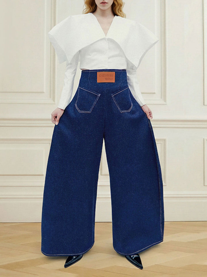 Jean ample taille haute, à taille élastique, à poches, à fermeture éclair, couleur unie