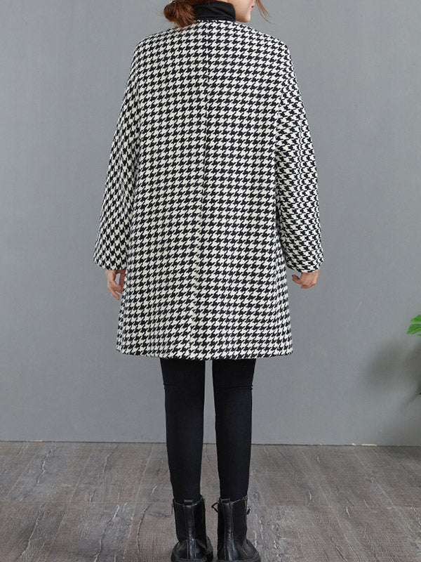 Manteau en laine ample boutonné à motif pied-de-poule, à col rond, à manches longues