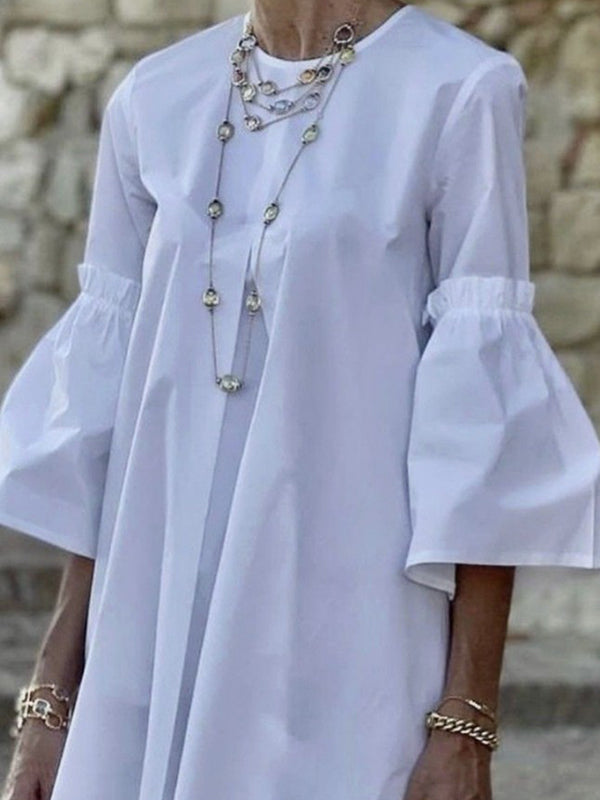 Robe courte à manches évasées, à manches mi-longues, à col rond, couleur unie