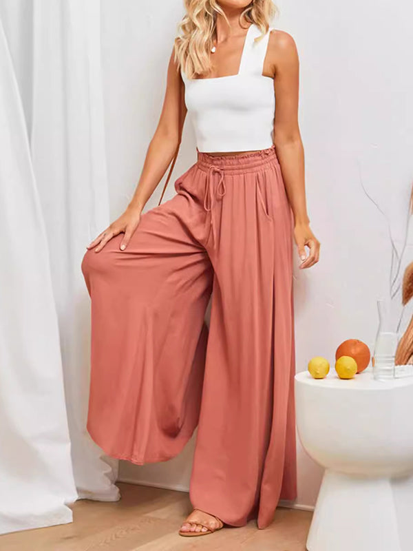 Pantalon ample plissé taille haute, à cordon de serrage, à taille élastique, à poches, couleur unie