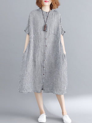 Robe mi-longue artistique ample boutonnée rétro, à empiècements, à carreaux, à col montant, à manches mi-longues