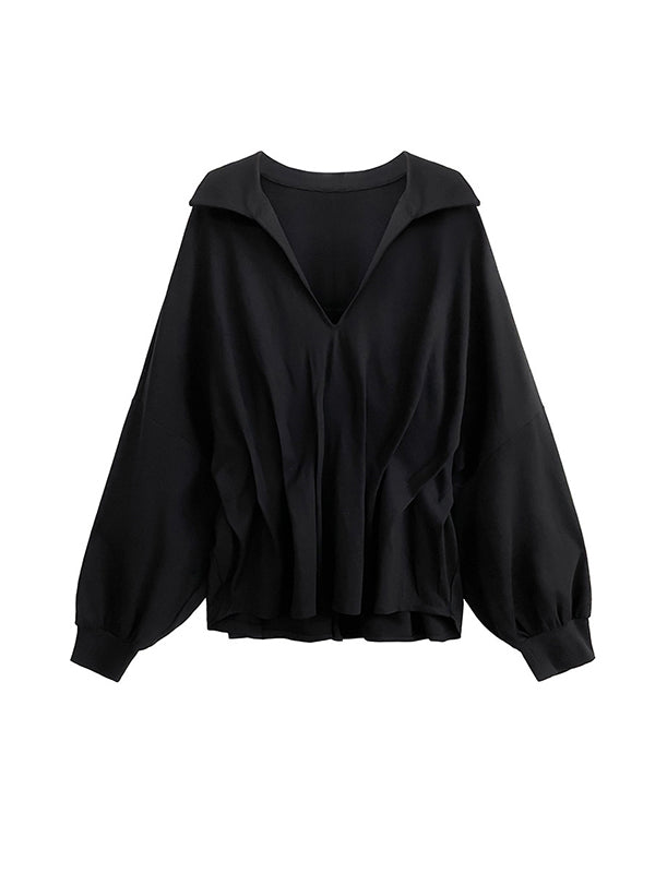 Chemisier plissé à manches chauve-souris, à manches longues, à décolleté en V profond, couleur unie