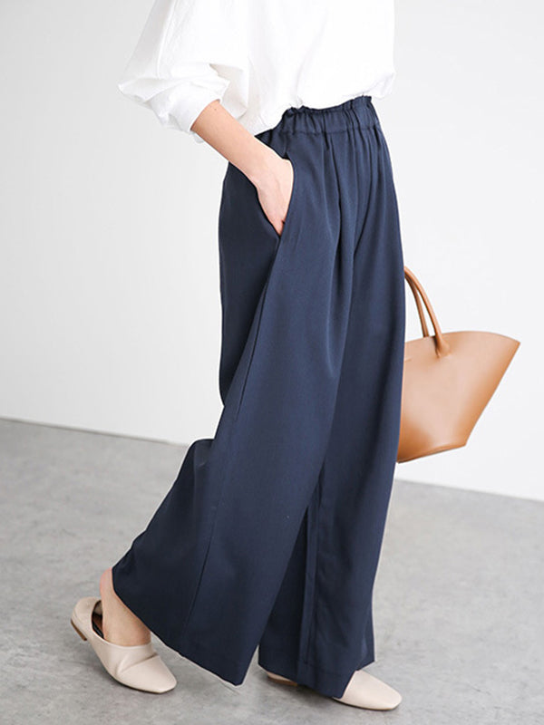Pantalon taille haute à jambes larges, élastique, couleur unie, à empiècements, large côté