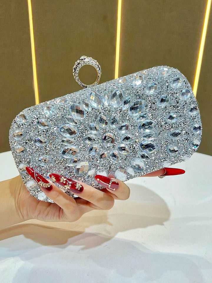 Pochette de soirée géométrique brillante à chaîne, à cadenas, à strass