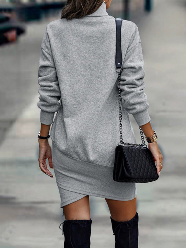 Robe courte décontractée à manches longues, à col haut, couleur unie