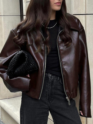 Veste ample à manches longues, à taille élastique, à fermeture éclair, à col revers, couleur unie