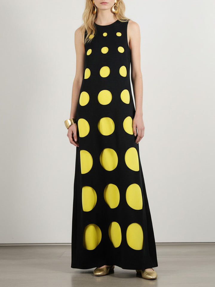 Robe longue ample sans manches, à pois, à empiècements, à col rond, couleur contrastée