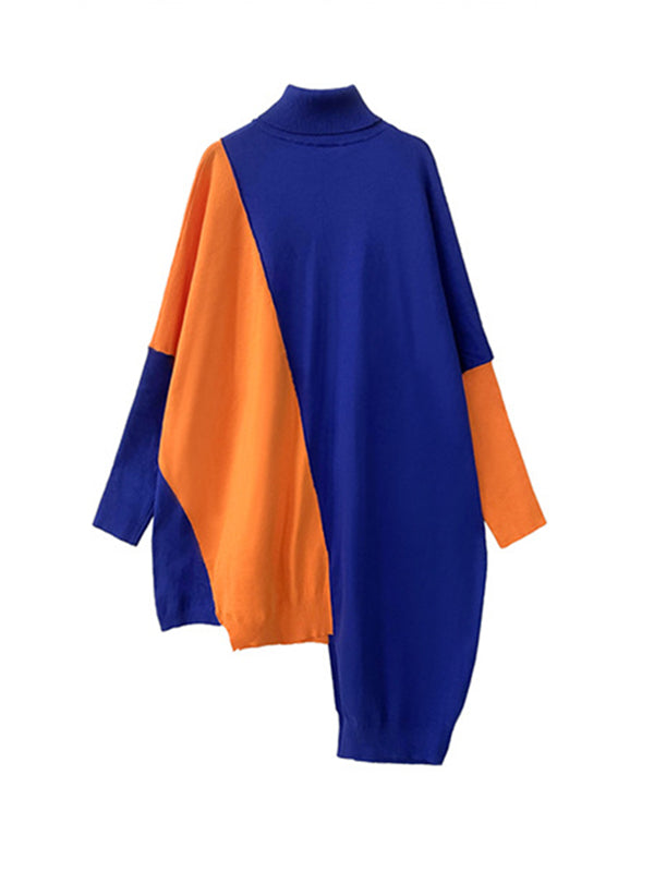 Robe pull mi-longue asymétrique à manches chauve-souris et col haut, couleur contrastée