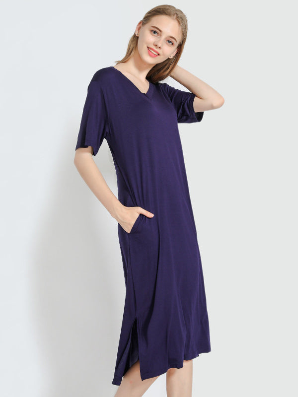 Robe de pyjama simple à manches courtes, ample, fendue sur le côté, couleur unie, col en V