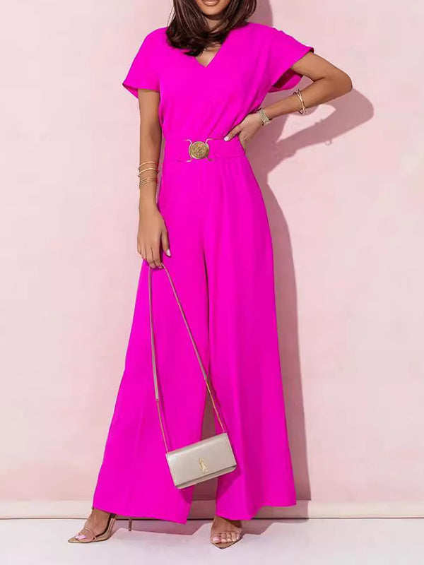 Combinaison ample plissée taille haute, avec ceinture, à col en V