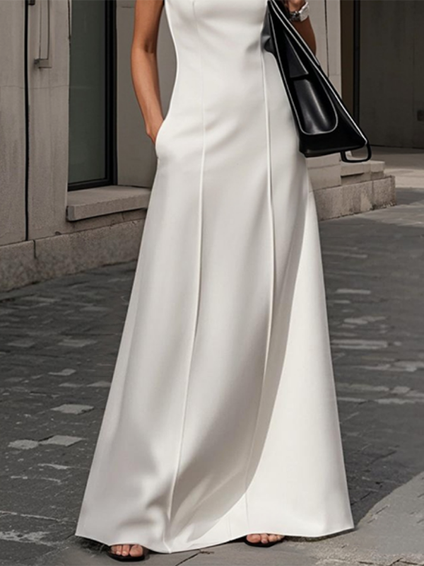 Robe longue sans manches, à col rond, couleur unie